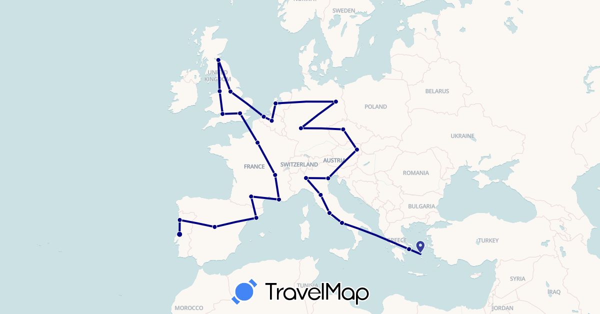 TravelMap itinerary: driving in Austria, Belgium, Czech Republic, Germany, Spain, France, United Kingdom, Greece, Italy, Netherlands, Portugal (Europe)